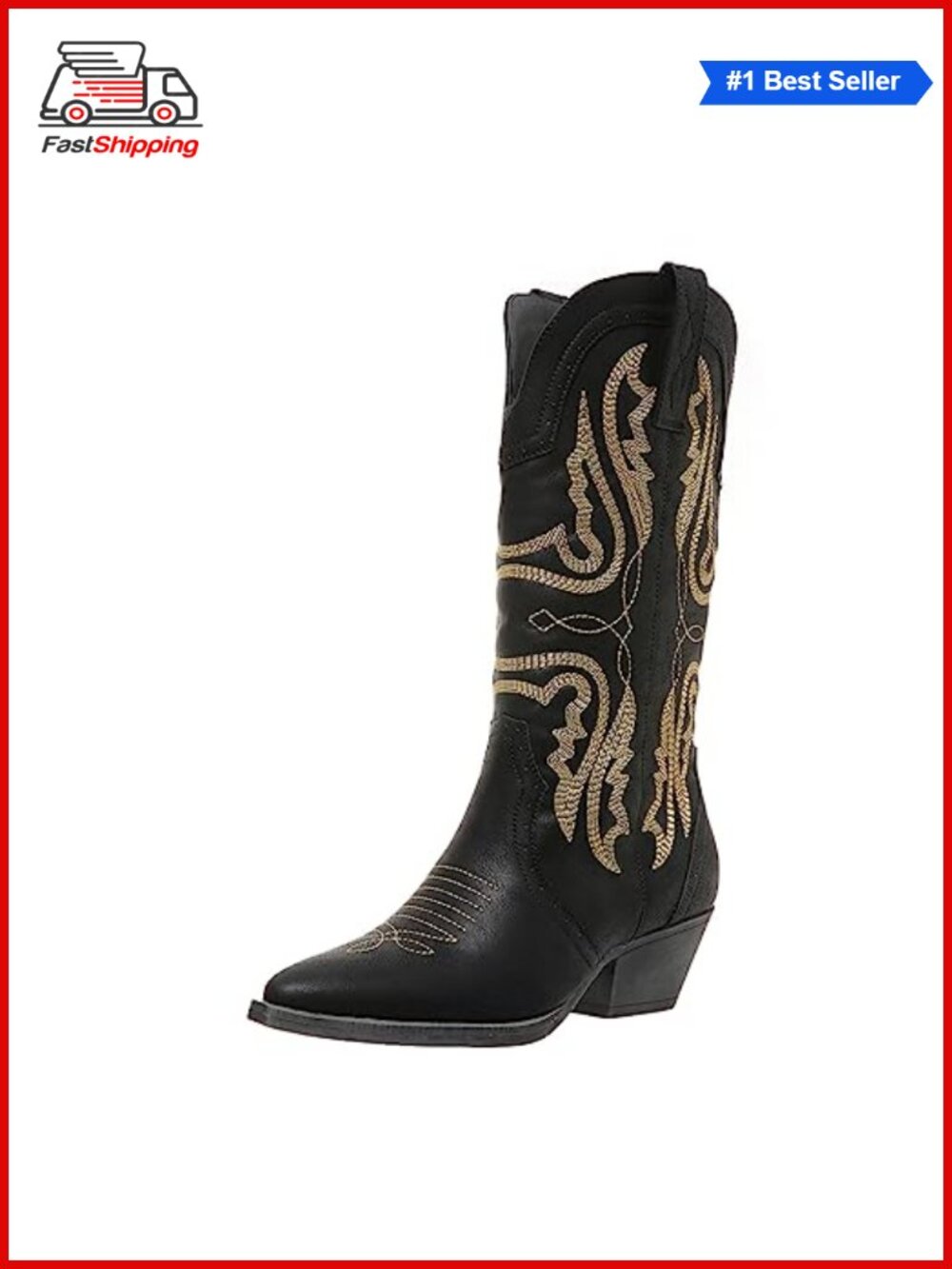 ✨Western Cowboy Boots Women Mid Calf Chunky Heel Snip Toe PU Leather